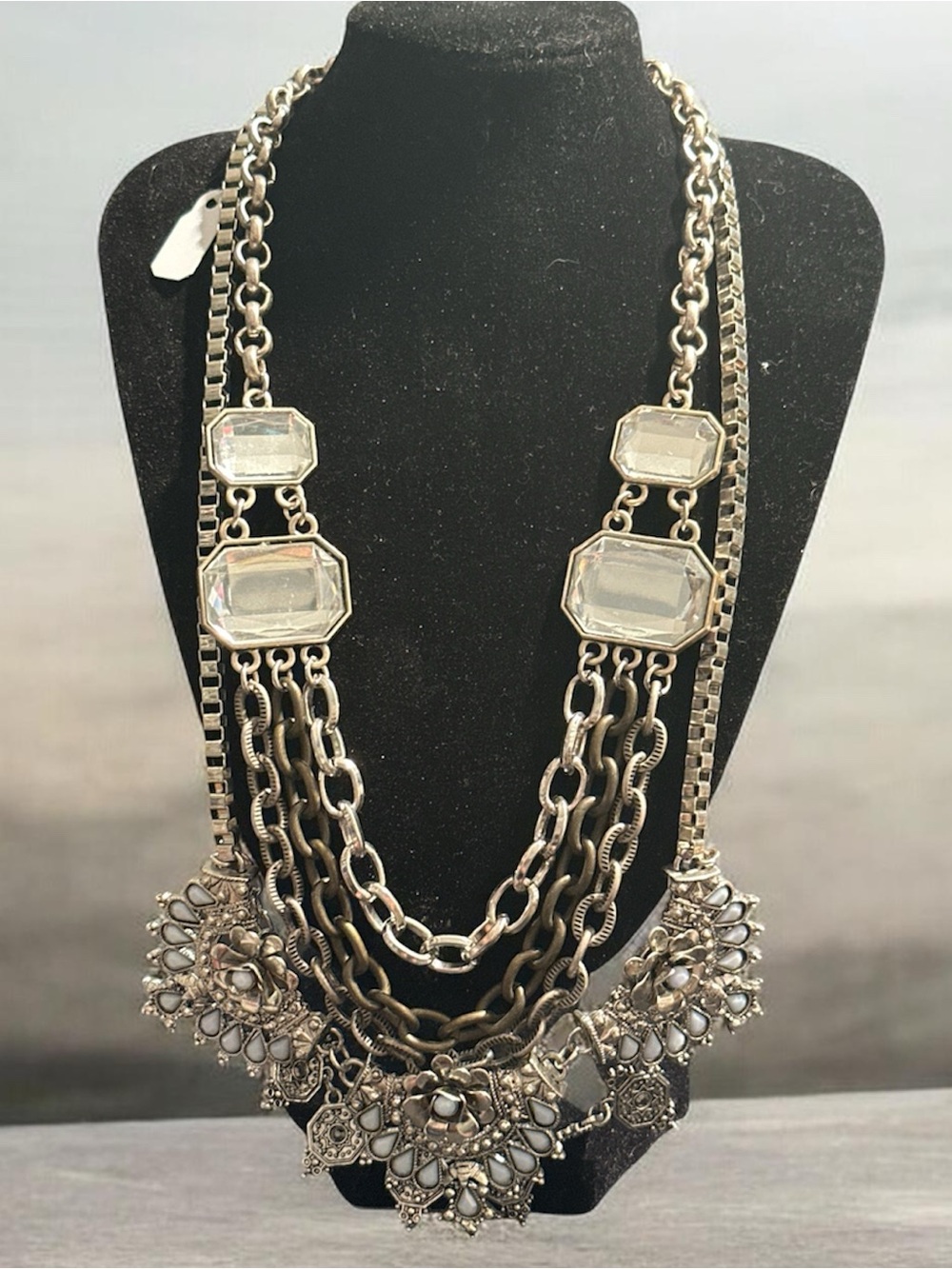 Statement Multi-Chain Crystal Bib Necklace - Silver
424